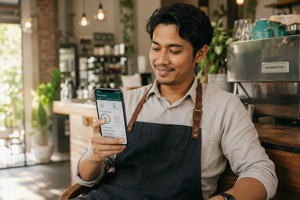 Pemilik kafe tersenyum melihat ringkasan kehadiran di HP