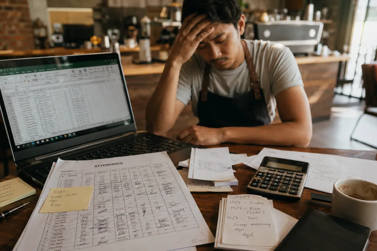 Pemilik kafe pusing di depan lembar absen kertas, catatan tukar shift, dan kalkulator