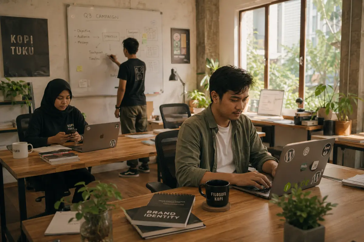 Tim kecil bekerja di kantor dengan laptop