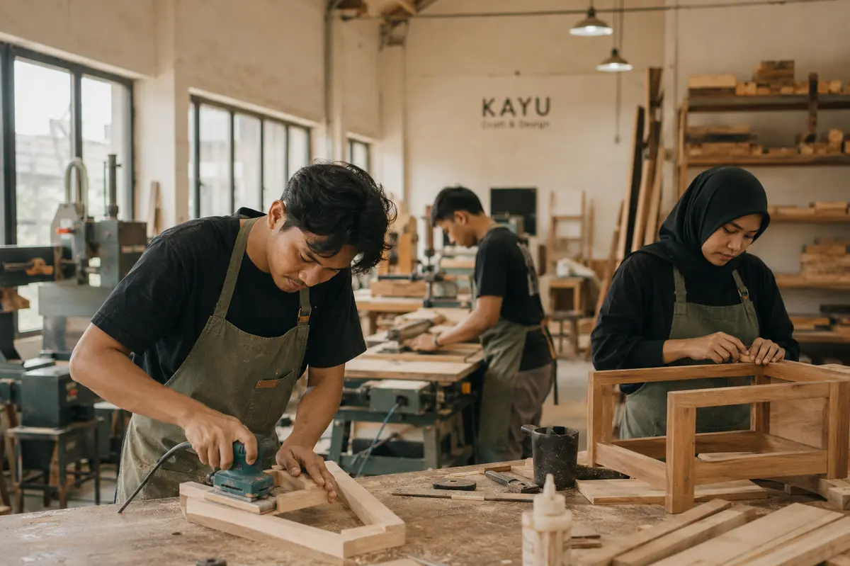 Pekerja bengkel kayu mengampelas rangka kayu