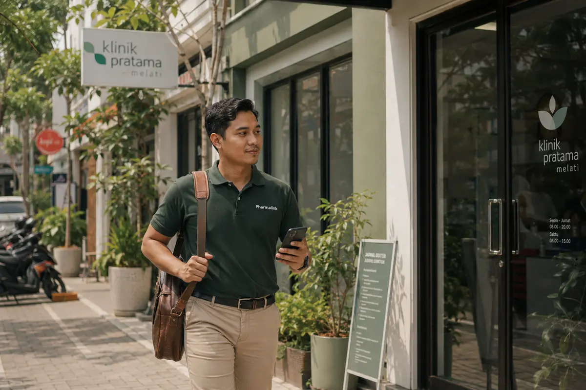 Petugas lapangan berjalan di depan klinik sambil membawa HP