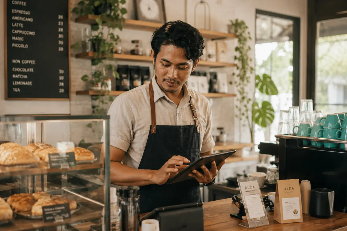 Pemilik kafe mengecek tablet di balik etalase roti